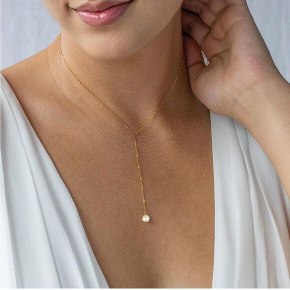 Gold 14k Gold Plated Faux Pearl Lariat Necklace - Picture 3 of 4